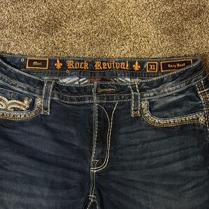 Rock Revival Dark Blue Jeans with Gold Embroidered Waistband